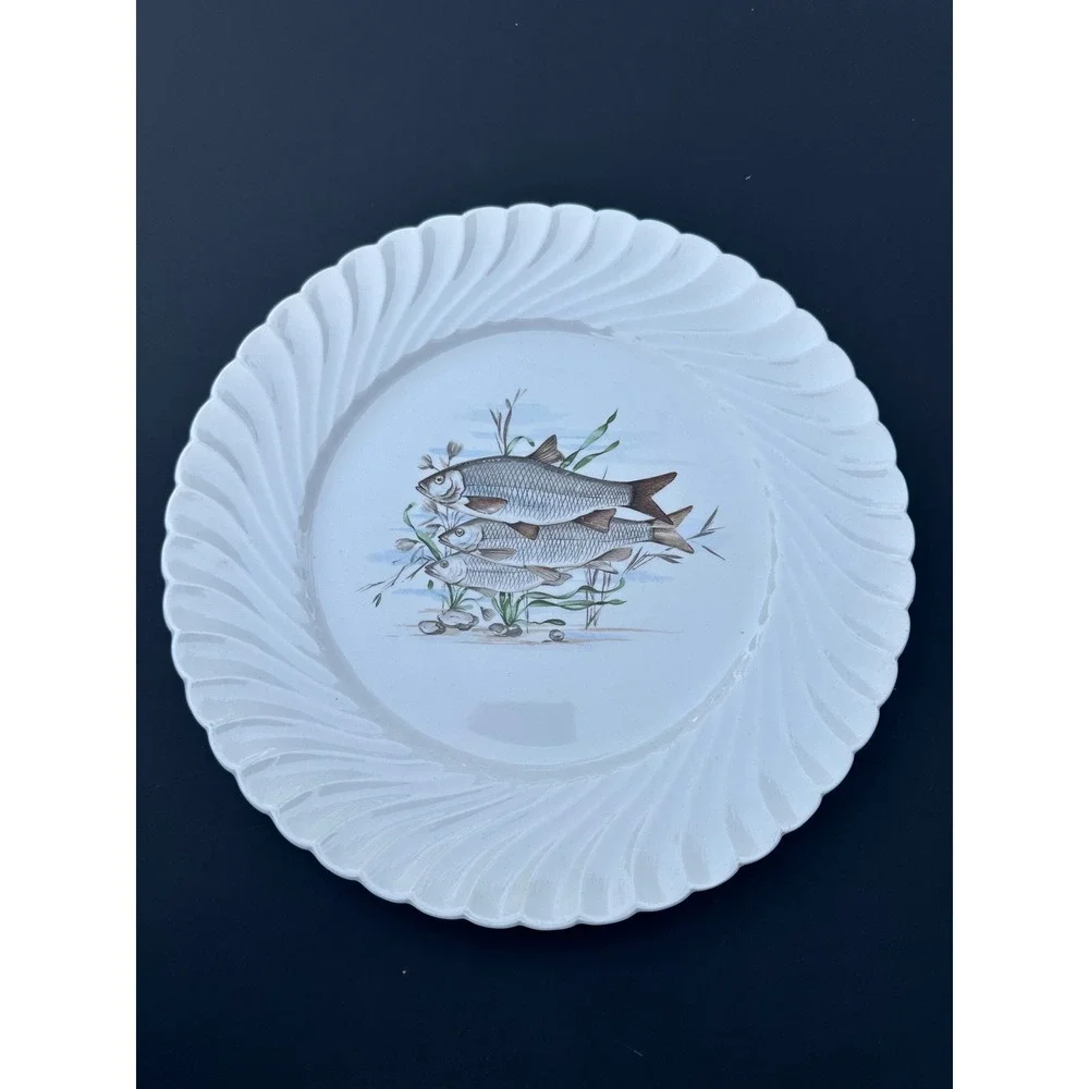 Vintage Plummer Ltd‎ French Porcelain Fish Plate White Swirl Gadroon Rim France
